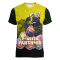 Personalized Penrith Panthers Women V-Neck T-Shirt Easter Mascot - Colorful Eggs Cartoon Style