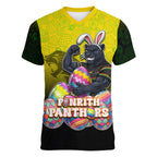 Personalized Penrith Panthers Women V-Neck T-Shirt Easter Mascot - Colorful Eggs Cartoon Style