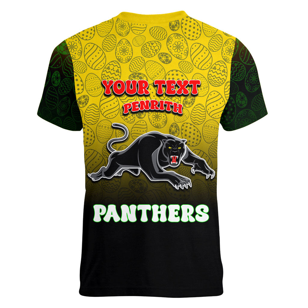 Personalized Penrith Panthers Women V-Neck T-Shirt Easter Mascot - Colorful Eggs Cartoon Style