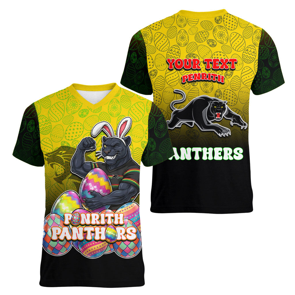 Personalized Penrith Panthers Women V-Neck T-Shirt Easter Mascot - Colorful Eggs Cartoon Style