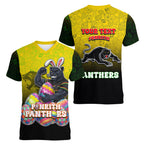 Personalized Penrith Panthers Women V-Neck T-Shirt Easter Mascot - Colorful Eggs Cartoon Style