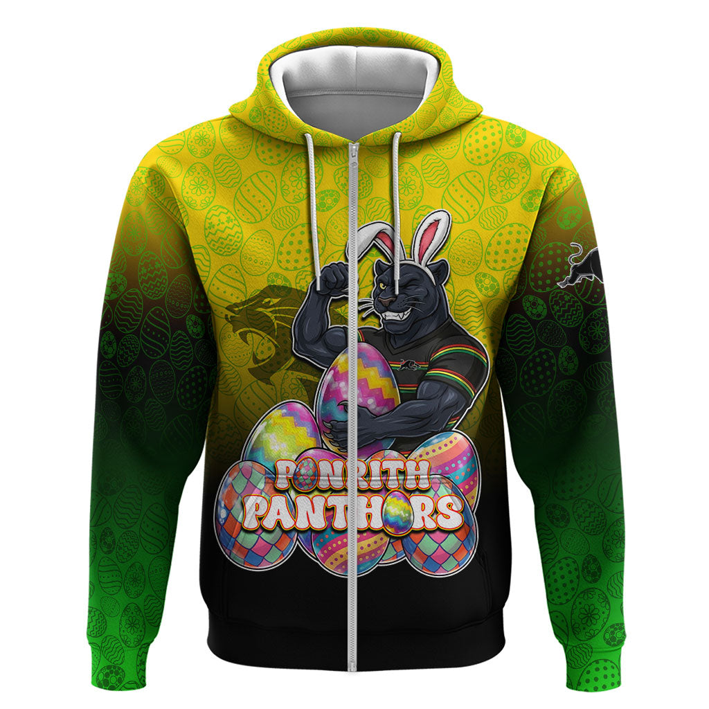 Personalized Penrith Panthers Zip Hoodie Easter Mascot - Colorful Eggs Cartoon Style