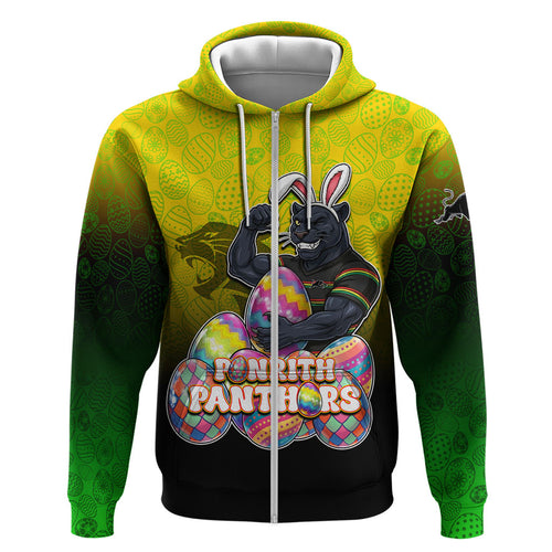 Personalized Penrith Panthers Zip Hoodie Easter Mascot - Colorful Eggs Cartoon Style