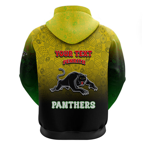 Personalized Penrith Panthers Zip Hoodie Easter Mascot - Colorful Eggs Cartoon Style