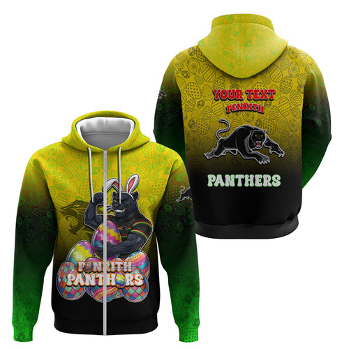 Personalized Penrith Panthers Zip Hoodie Easter Mascot - Colorful Eggs Cartoon Style