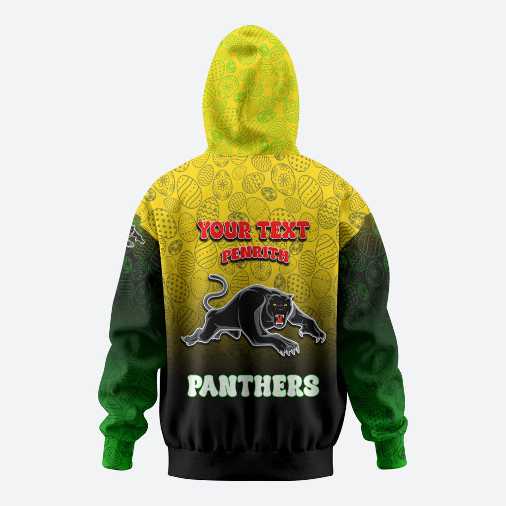 Personalized Penrith Panthers Zip Hoodie Easter Mascot - Colorful Eggs Cartoon Style