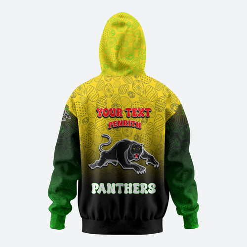 Personalized Penrith Panthers Zip Hoodie Easter Mascot - Colorful Eggs Cartoon Style