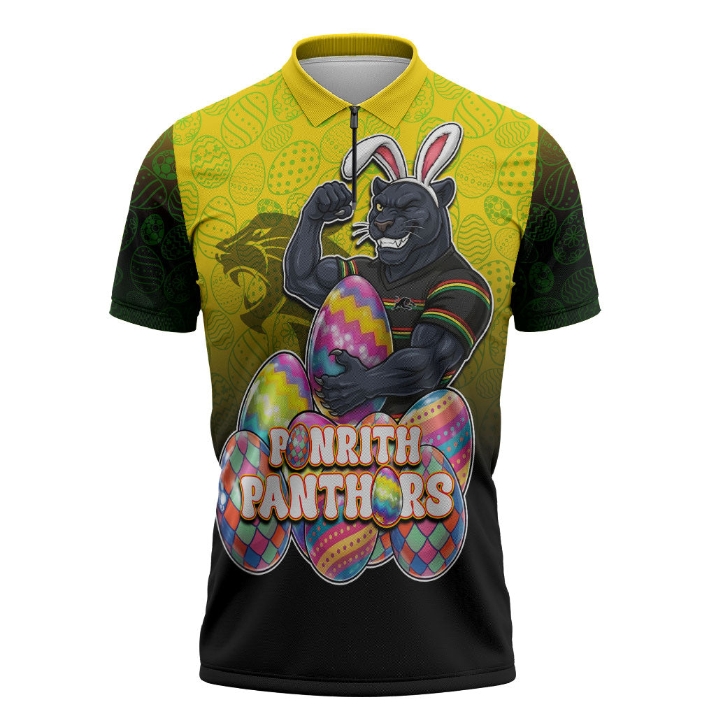 Personalized Penrith Panthers Zipper Polo Shirt Easter Mascot - Colorful Eggs Cartoon Style