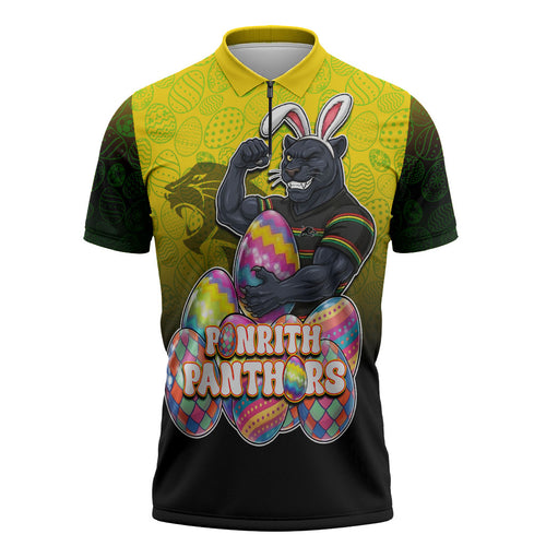 Personalized Penrith Panthers Zipper Polo Shirt Easter Mascot - Colorful Eggs Cartoon Style