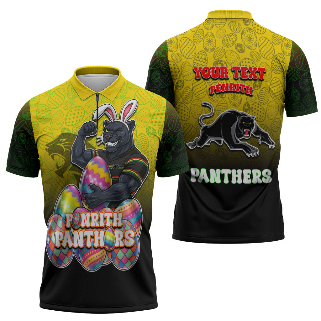 Personalized Penrith Panthers Zipper Polo Shirt Easter Mascot - Colorful Eggs Cartoon Style