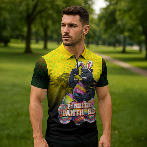 Personalized Penrith Panthers Zipper Polo Shirt Easter Mascot - Colorful Eggs Cartoon Style