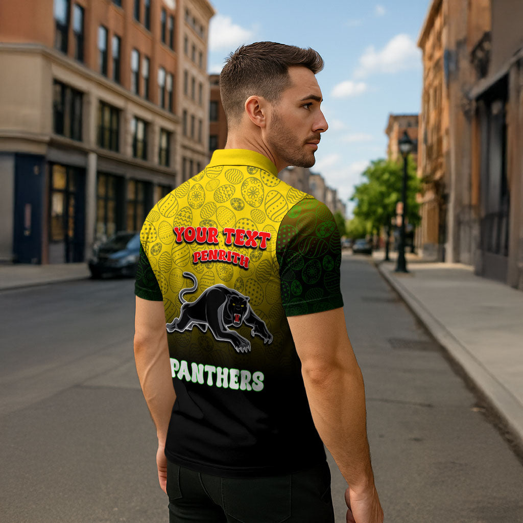 Personalized Penrith Panthers Zipper Polo Shirt Easter Mascot - Colorful Eggs Cartoon Style