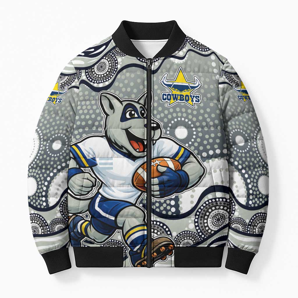 North Queensland Cowboys Bomber Puffer Jacket Aboriginal Dot Pattern - Rugby Mascot Heritage Pride