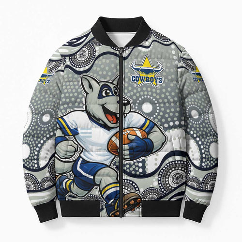 North Queensland Cowboys Bomber Puffer Jacket Aboriginal Dot Pattern - Rugby Mascot Heritage Pride