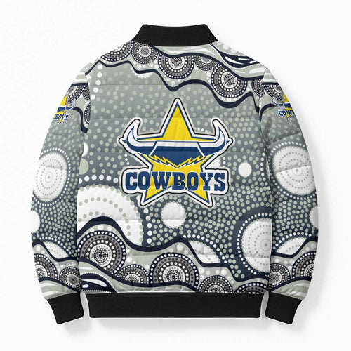 North Queensland Cowboys Bomber Puffer Jacket Aboriginal Dot Pattern - Rugby Mascot Heritage Pride