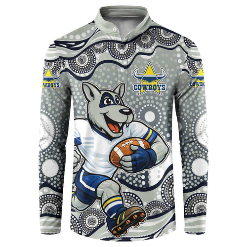 North Queensland Cowboys Button Sweatshirt Aboriginal Dot Pattern - Rugby Mascot Heritage Pride