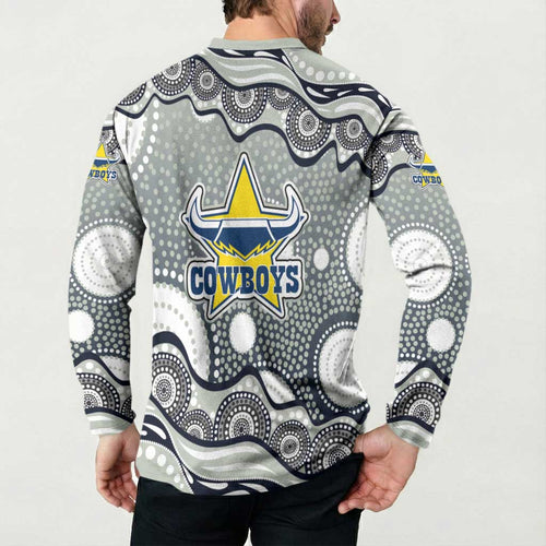 North Queensland Cowboys Button Sweatshirt Aboriginal Dot Pattern - Rugby Mascot Heritage Pride