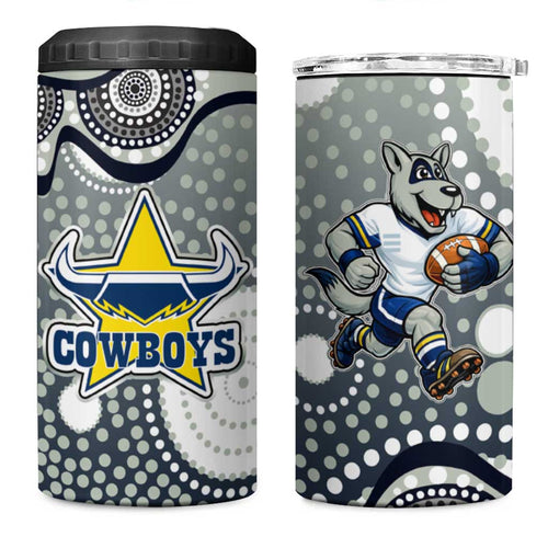 North Queensland Cowboys 4 in 1 Can Cooler Tumbler Aboriginal Dot Pattern - Rugby Mascot Heritage Pride