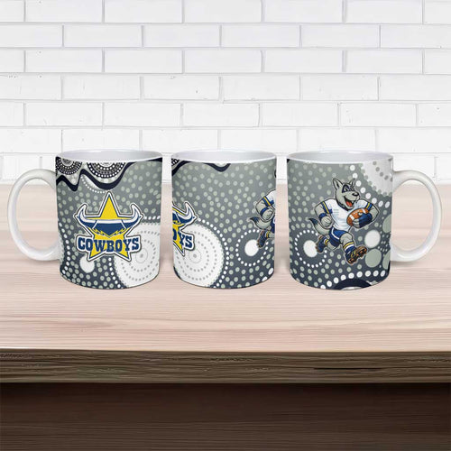 North Queensland Cowboys Ceramic Mug Aboriginal Dot Pattern - Rugby Mascot Heritage Pride