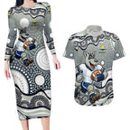 North Queensland Cowboys Couples Matching Long Sleeve Bodycon Dress and Hawaiian Shirt Aboriginal Dot Pattern - Rugby Mascot Heritage Pride