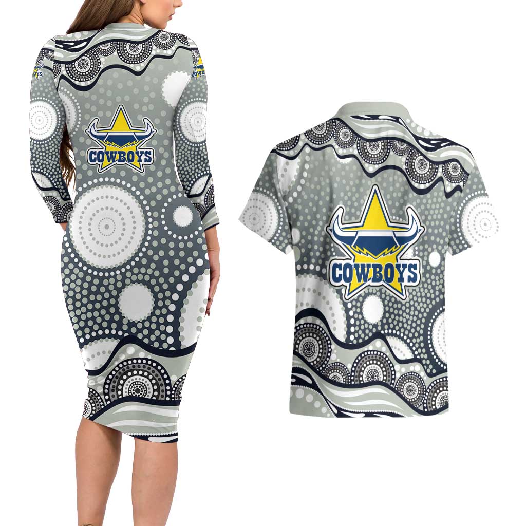 North Queensland Cowboys Couples Matching Long Sleeve Bodycon Dress and Hawaiian Shirt Aboriginal Dot Pattern - Rugby Mascot Heritage Pride