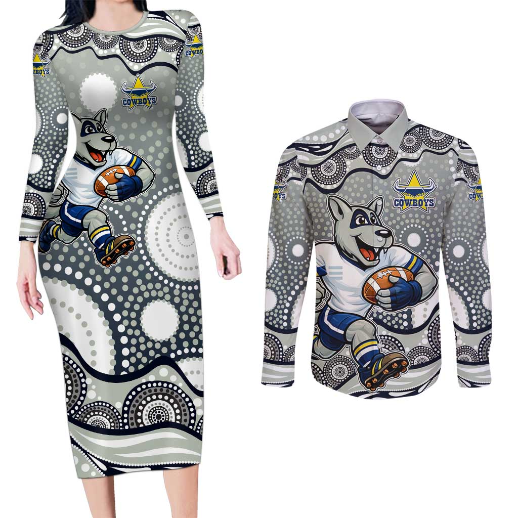 North Queensland Cowboys Couples Matching Long Sleeve Bodycon Dress and Long Sleeve Button Shirt Aboriginal Dot Pattern - Rugby Mascot Heritage Pride