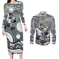 North Queensland Cowboys Couples Matching Long Sleeve Bodycon Dress and Long Sleeve Button Shirt Aboriginal Dot Pattern - Rugby Mascot Heritage Pride