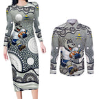 North Queensland Cowboys Couples Matching Long Sleeve Bodycon Dress and Long Sleeve Button Shirt Aboriginal Dot Pattern - Rugby Mascot Heritage Pride