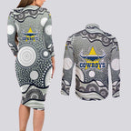 North Queensland Cowboys Couples Matching Long Sleeve Bodycon Dress and Long Sleeve Button Shirt Aboriginal Dot Pattern - Rugby Mascot Heritage Pride