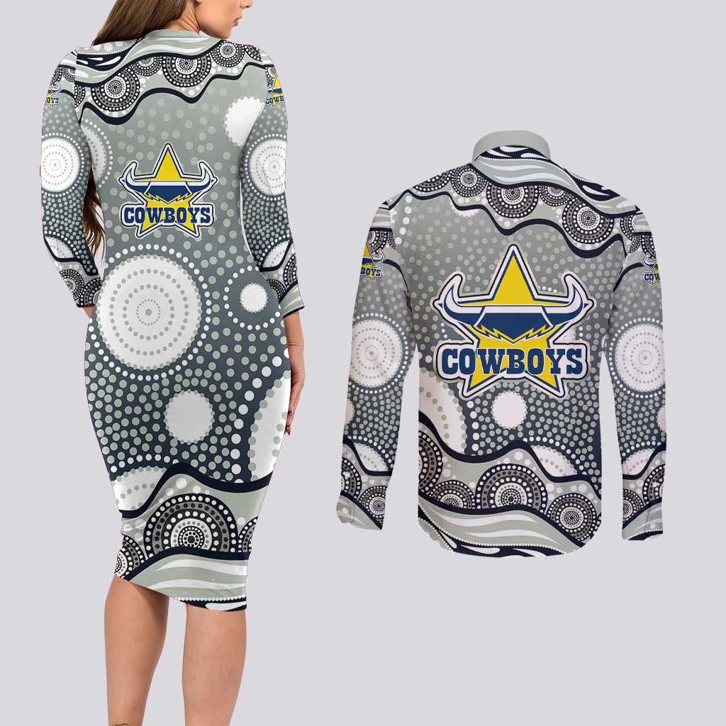 North Queensland Cowboys Couples Matching Long Sleeve Bodycon Dress and Long Sleeve Button Shirt Aboriginal Dot Pattern - Rugby Mascot Heritage Pride