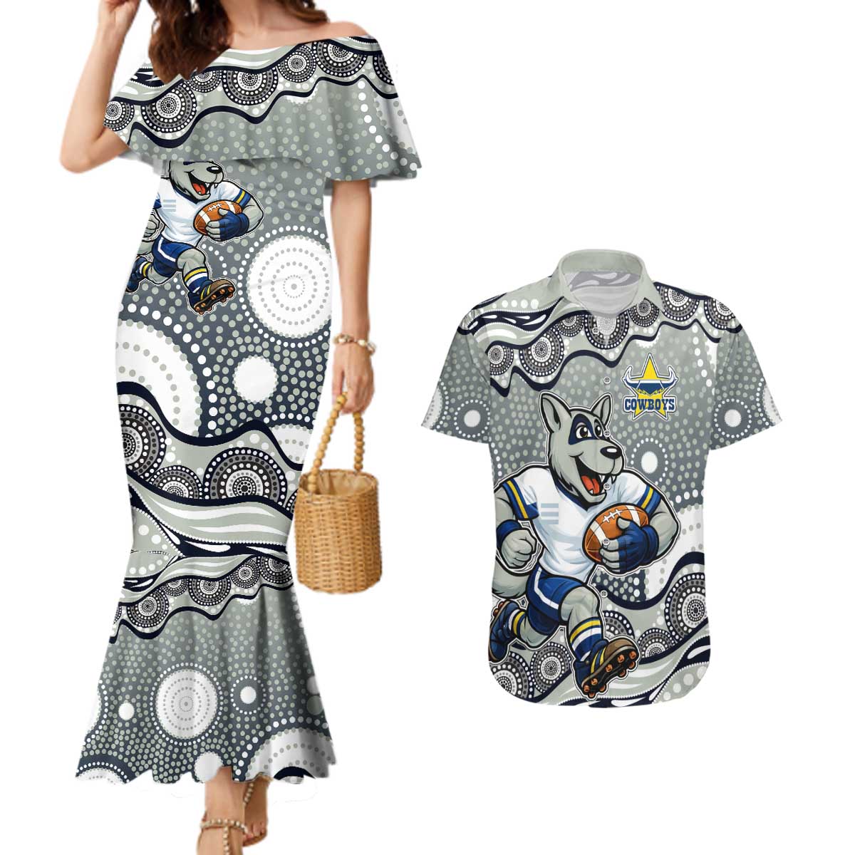 North Queensland Cowboys Couples Matching Mermaid Dress and Hawaiian Shirt Aboriginal Dot Pattern - Rugby Mascot Heritage Pride