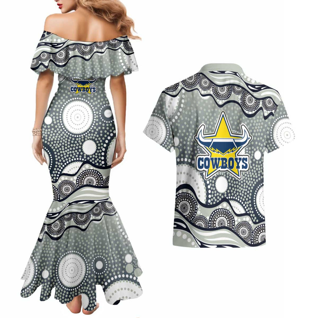 North Queensland Cowboys Couples Matching Mermaid Dress and Hawaiian Shirt Aboriginal Dot Pattern - Rugby Mascot Heritage Pride