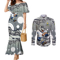 North Queensland Cowboys Couples Matching Mermaid Dress and Long Sleeve Button Shirt Aboriginal Dot Pattern - Rugby Mascot Heritage Pride