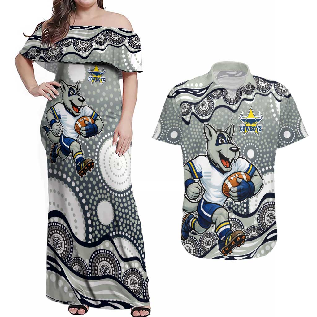 North Queensland Cowboys Couples Matching Off Shoulder Maxi Dress and Hawaiian Shirt Aboriginal Dot Pattern - Rugby Mascot Heritage Pride