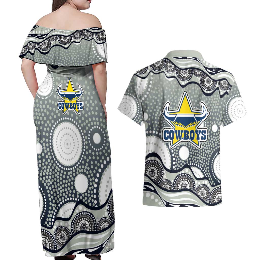 North Queensland Cowboys Couples Matching Off Shoulder Maxi Dress and Hawaiian Shirt Aboriginal Dot Pattern - Rugby Mascot Heritage Pride