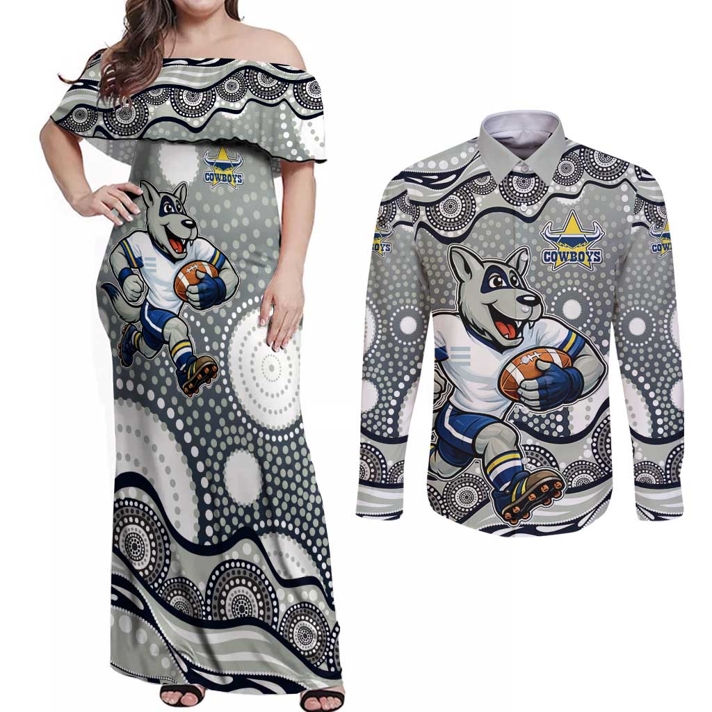 North Queensland Cowboys Couples Matching Off Shoulder Maxi Dress and Long Sleeve Button Shirt Aboriginal Dot Pattern - Rugby Mascot Heritage Pride