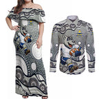North Queensland Cowboys Couples Matching Off Shoulder Maxi Dress and Long Sleeve Button Shirt Aboriginal Dot Pattern - Rugby Mascot Heritage Pride