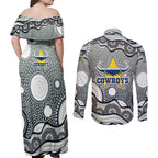 North Queensland Cowboys Couples Matching Off Shoulder Maxi Dress and Long Sleeve Button Shirt Aboriginal Dot Pattern - Rugby Mascot Heritage Pride