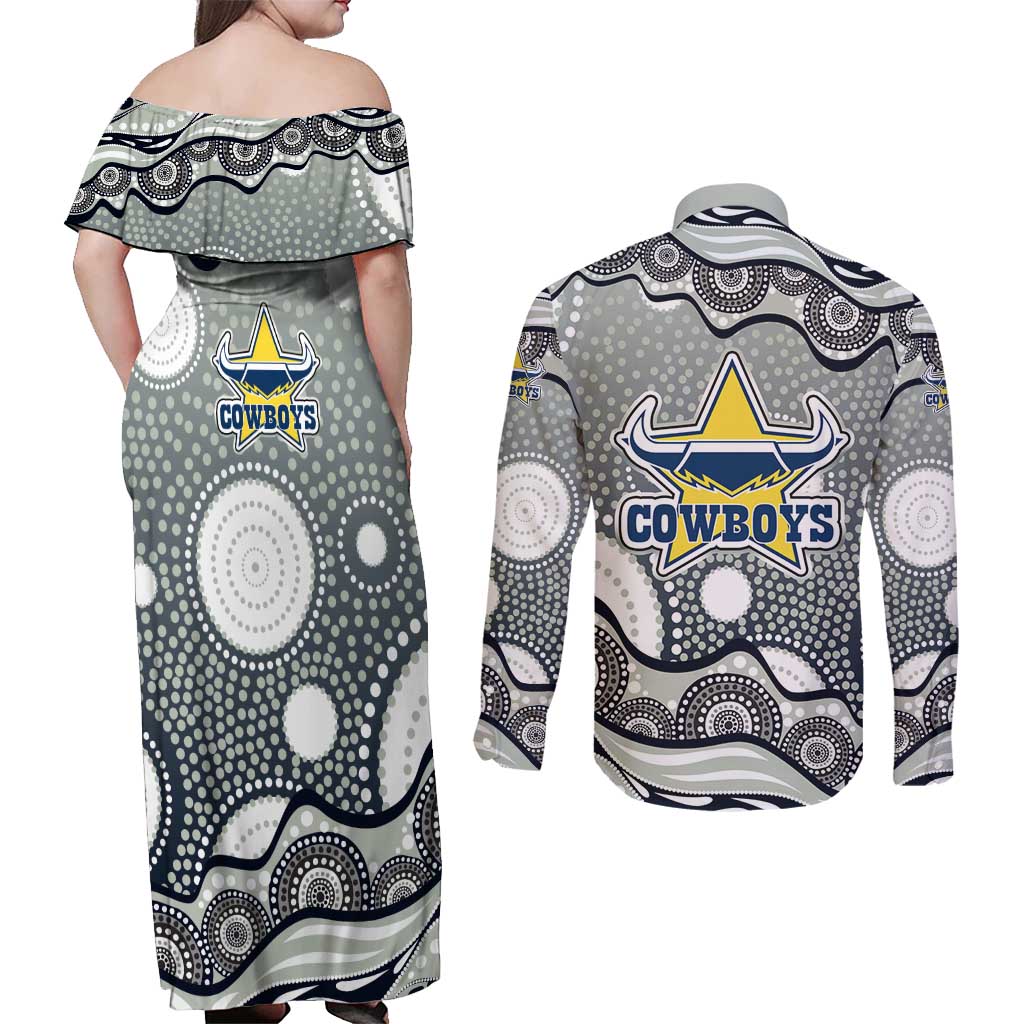 North Queensland Cowboys Couples Matching Off Shoulder Maxi Dress and Long Sleeve Button Shirt Aboriginal Dot Pattern - Rugby Mascot Heritage Pride