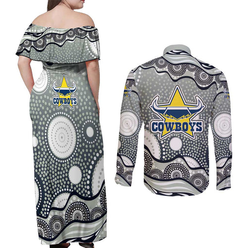 North Queensland Cowboys Couples Matching Off Shoulder Maxi Dress and Long Sleeve Button Shirt Aboriginal Dot Pattern - Rugby Mascot Heritage Pride
