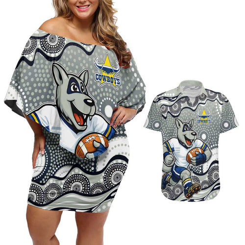 North Queensland Cowboys Couples Matching Off Shoulder Short Dress and Hawaiian Shirt Aboriginal Dot Pattern - Rugby Mascot Heritage Pride