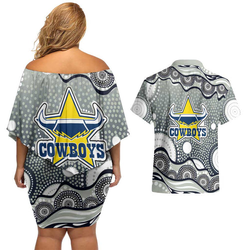 North Queensland Cowboys Couples Matching Off Shoulder Short Dress and Hawaiian Shirt Aboriginal Dot Pattern - Rugby Mascot Heritage Pride