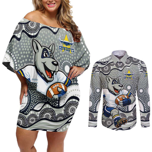 North Queensland Cowboys Couples Matching Off Shoulder Short Dress and Long Sleeve Button Shirt Aboriginal Dot Pattern - Rugby Mascot Heritage Pride
