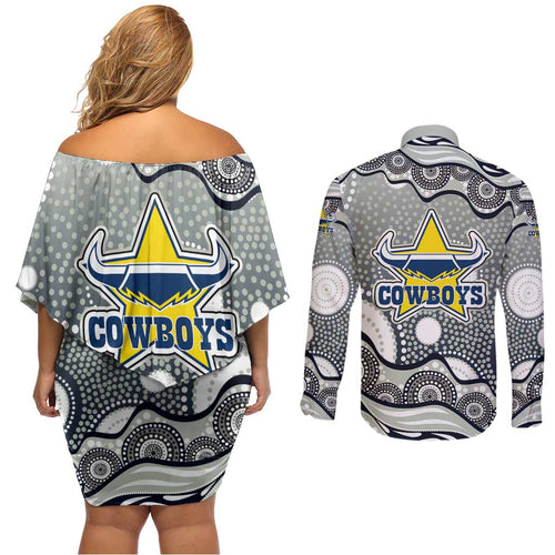 North Queensland Cowboys Couples Matching Off Shoulder Short Dress and Long Sleeve Button Shirt Aboriginal Dot Pattern - Rugby Mascot Heritage Pride