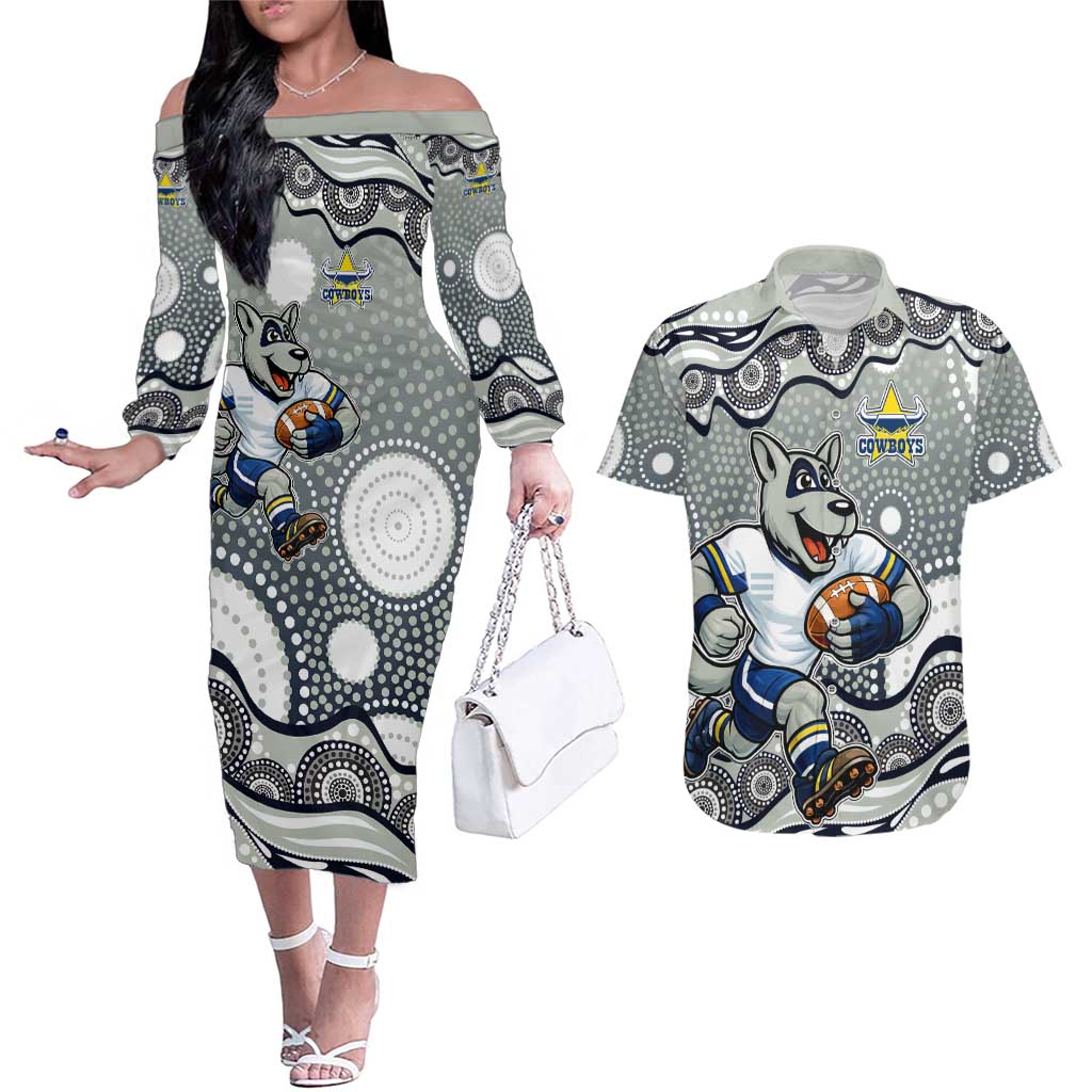 North Queensland Cowboys Couples Matching Off The Shoulder Long Sleeve Dress and Hawaiian Shirt Aboriginal Dot Pattern - Rugby Mascot Heritage Pride