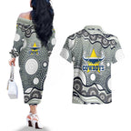 North Queensland Cowboys Couples Matching Off The Shoulder Long Sleeve Dress and Hawaiian Shirt Aboriginal Dot Pattern - Rugby Mascot Heritage Pride