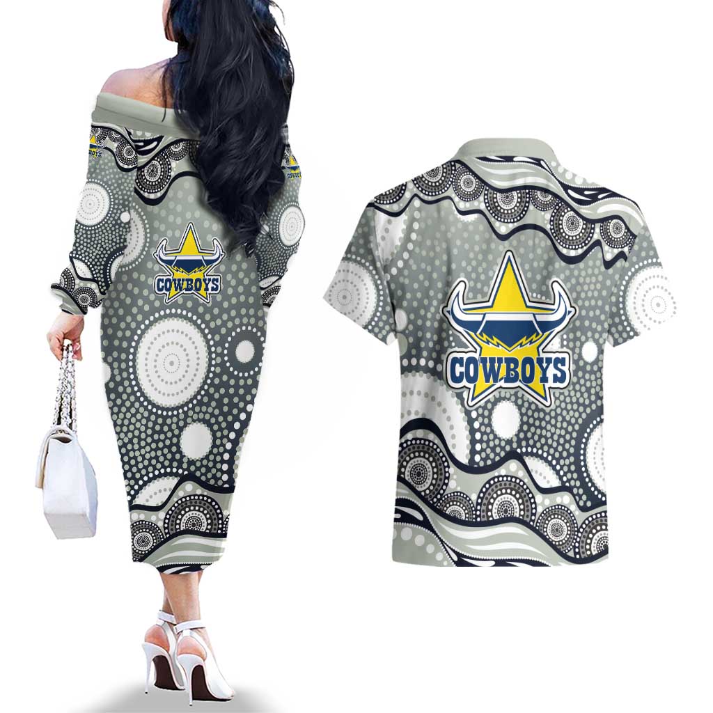 North Queensland Cowboys Couples Matching Off The Shoulder Long Sleeve Dress and Hawaiian Shirt Aboriginal Dot Pattern - Rugby Mascot Heritage Pride
