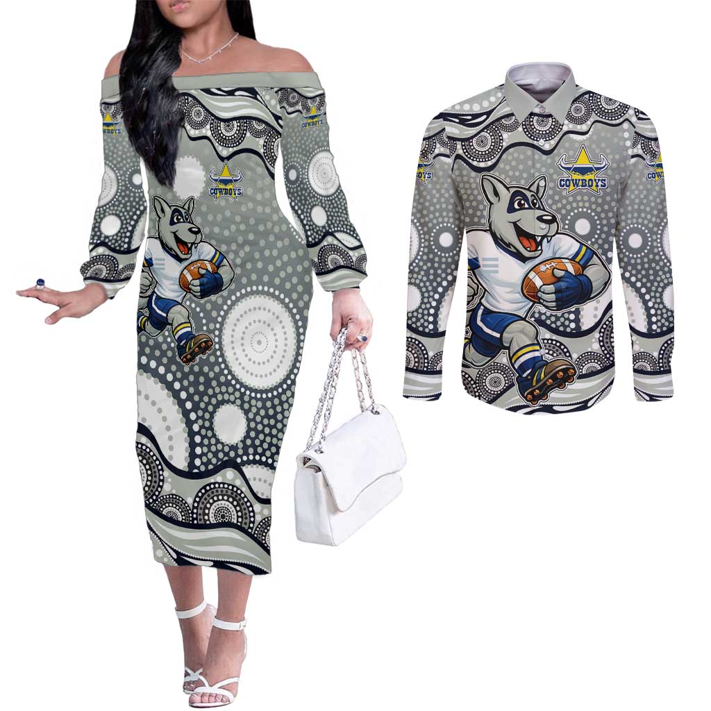 North Queensland Cowboys Couples Matching Off The Shoulder Long Sleeve Dress and Long Sleeve Button Shirt Aboriginal Dot Pattern - Rugby Mascot Heritage Pride