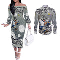 North Queensland Cowboys Couples Matching Off The Shoulder Long Sleeve Dress and Long Sleeve Button Shirt Aboriginal Dot Pattern - Rugby Mascot Heritage Pride