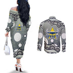 North Queensland Cowboys Couples Matching Off The Shoulder Long Sleeve Dress and Long Sleeve Button Shirt Aboriginal Dot Pattern - Rugby Mascot Heritage Pride